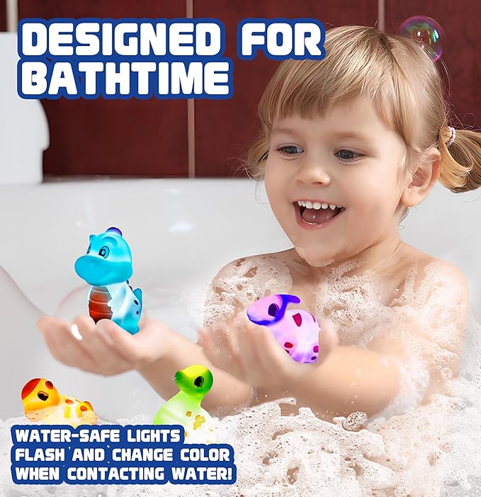 8Pack Dinosaur Light up Bath Toy Set, Flashing Color Changing Light in Water, Floating Dino Bathtub Bathroom Tub Pool ShowerToy for Kid Toddler Christmas Boys Gifts