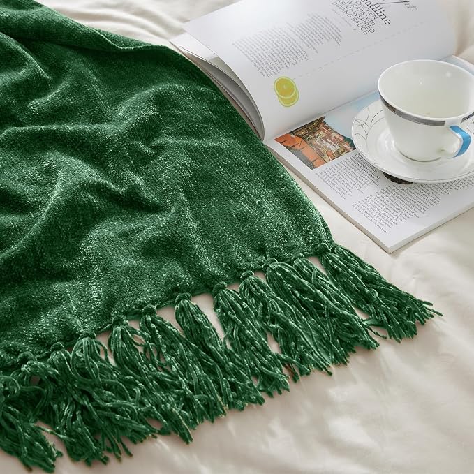 CozeCube Chenille Throw Blanket, Christmas Green Fringe Blanket, 60"X80" | For Couch, Cozy Plush Fuzzy Decorative Blanket with Fringe Tassels, Lightweight Throws for Bed Sofa Gift Home Decor