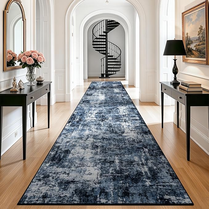 Rugflix 3x16 Runner Rug for Hallway, Washable Navy Blue Long Runners | Machine Washable; Stain-resistant; Low Pile; Non-slip; Modern Abstract; Black Carpet for Entrance Kitchen Hallway Home