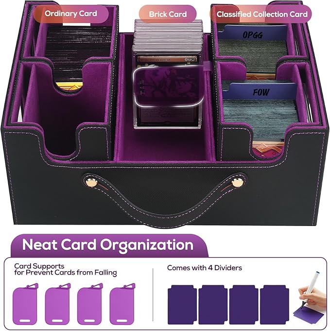 Trading Card Storage Box for MTG, MTG commander deck box，Multi-purpose Deck Case for MTG TCG Sports Card, 4 Toploaders, 4 Stoppers, 4 Colorful Dividers (Black & Purple)