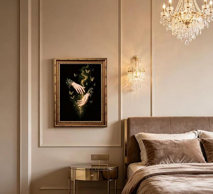Vintage Gold Framed Canvas Wall Art Gothic Dark Academia Painting Picture Wall Decor Magic Hands Butterfly Poster Print Artwork for Living Room Bedroom Bathroom Office Home Decoration