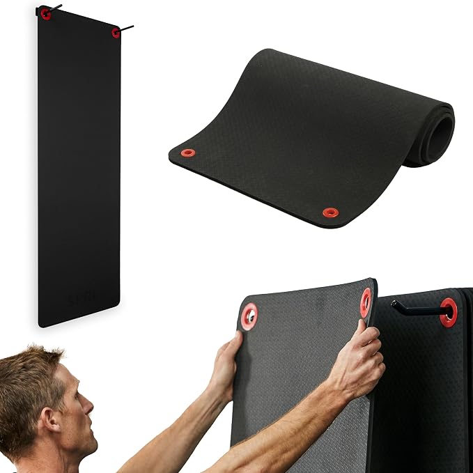 SPRI Hanging Exercise Mats for Gyms, Closed-Cell Foam Yoga & Fitness Mats with Grommets, Thick Workout Mats for Studios & Group Fitness Classes, Wall Rack Mat Holder Storage, Black