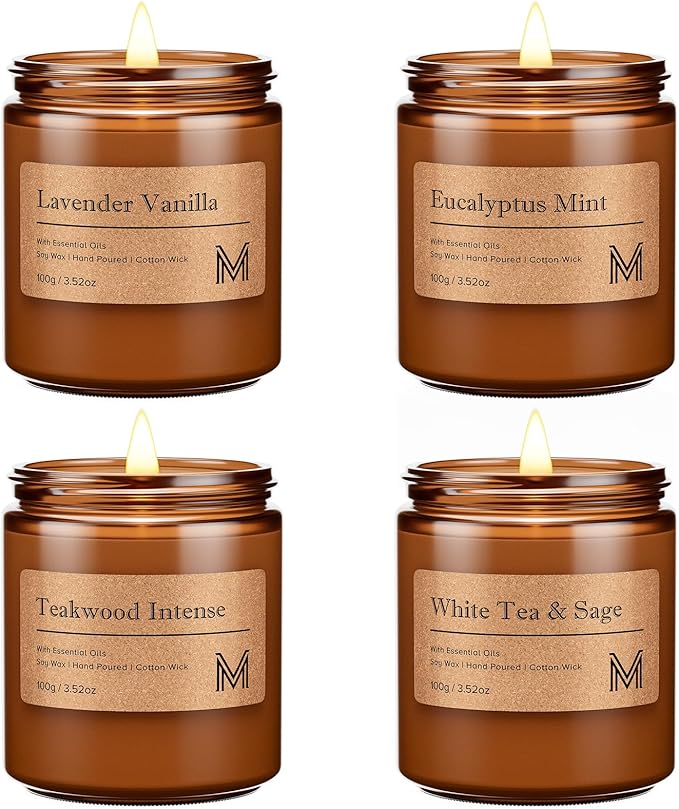 M&SENSE 4 Pack Candle Gift Set, Aromatherapy Candle Gift for for Men and Women, Soy Wax Candles Home Scented, Long Lasting Amber Jar Candles for Birthday Housewarming