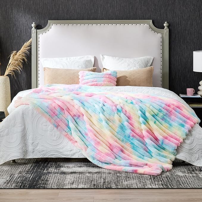 Cozy Bliss Faux Fur Throw Blanket for Couch, Cozy Warm Plush Striped Blanket for Sofa Bedroom Living Room, 50 * 60 Inches Tie-dye Rainbow