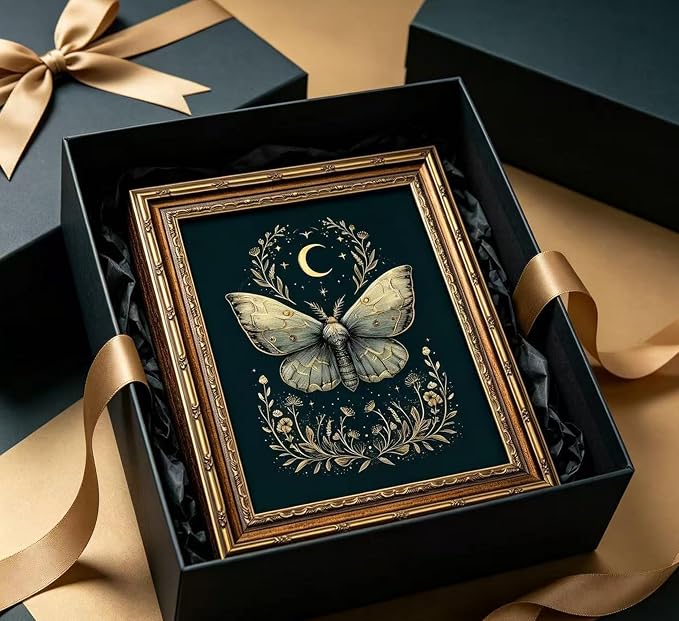 Vintage Gold Framed Celestial Moth Crescent Moon Wall Art Gothic Moody Ethereal Butterfly Picture Wall Decor Dark Botanical Insect Picture Canvas Print Mystical Witchy Poster Artwork for Living Room