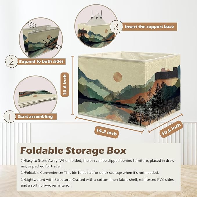 Boho Sun Mountain Forest Storage Box Bins, Mid Century Modern Abstract Boho Collapsible Storage Basket Organizer for Bedroom Laundry Room Home Clothes Books, Decor for Room