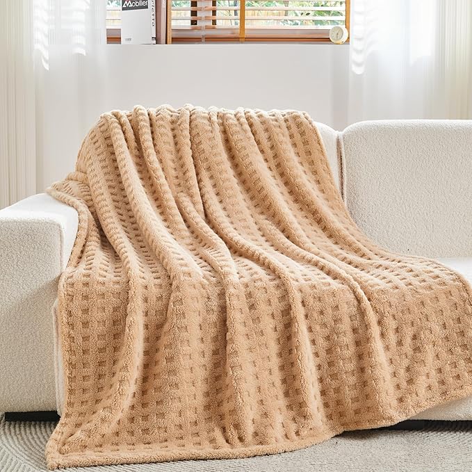 NEWCOSPLAY 3D Waffle Checkered Flannel Queen Blanket, Brown, 90"x90" | Super Soft Cute Lightweight Decorative Premium Silky Fleece Blanket for Couch Sofa Bed, Gift for Women Men, All Season Use