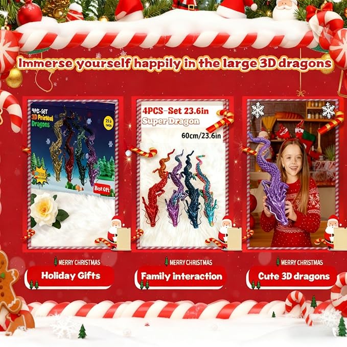 4-Pack Big 24 Inch 3D Printed Dragon Fidget Toy, Articulated Chinese Dragon Action Figure with Gift Box - Christmas Gift, Imaginative Play, Office Desk Decor & Collectible Figurine for Kids & Adults