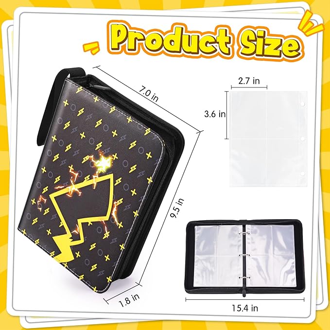 Card Binder – 4 Pocket Zipper Collection Album, Premium PU Holder, Double-Sided Display for 400 Cards, Includes 5 Hard Plastic Sleeves for Game Cards, Sports Cards（Lightning）