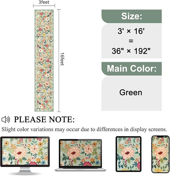 DUKINO 3x16 Runner Rug for Hallway, Non Slip Long Washable Rug, Green | Non Slip, Low Pile, Soft Floral Indoor Runner Rug for Kitchen, Entryway, Bedroom, Bathroom, Pet Friendly, Modern Home Decor