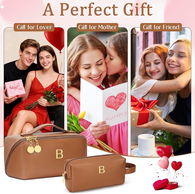 KKXIU Initial Makeup Bag for Women - Personalized Makeup Bag Gifts for Women, Travel Toiletry Bag with PU Leather, Open Flat Design with Top Handle, Cosmetic Bag Set with Multi-Pocket (Brown,B)