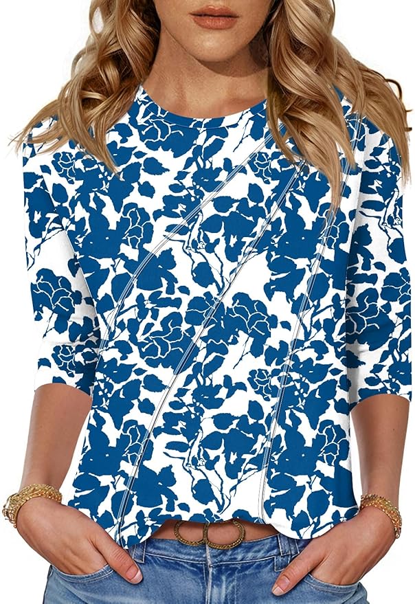 LOMON 3/4 Length Sleeve Womens Tops Spring Summer Fashion 2026 Tops Crew Neck Pleated Shirts Tunic Top Loose Fit