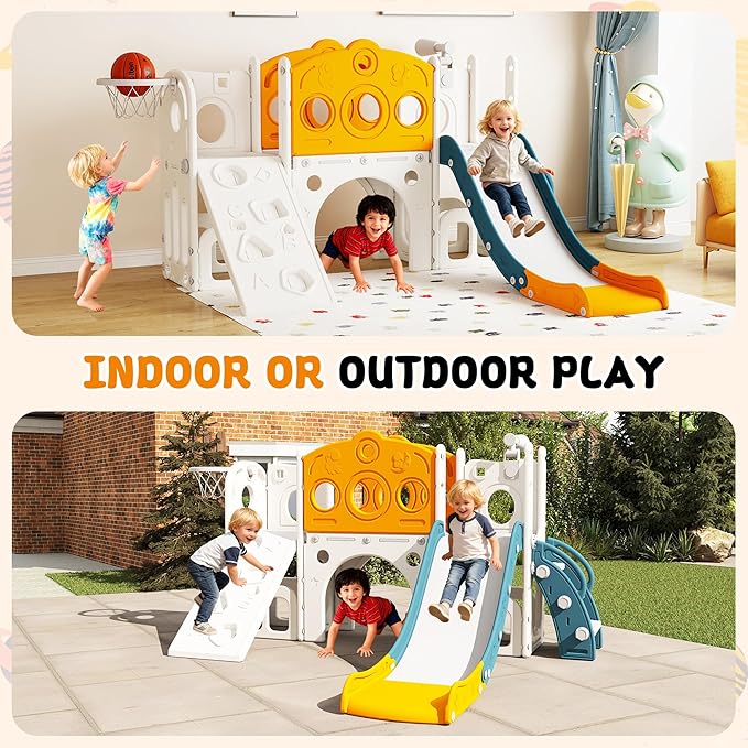GITAWUSA 9 in 1 Toddler Slide Set Playground Indoor & Outdoor Fun for Kids & Babies Aged 1-3, Featuring Climbing Board, Basketball Hoop, Telescope, Storage Space and Non-Slip Steps, Yellow & Green