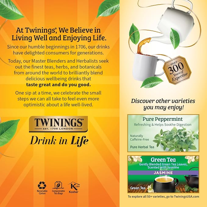 Twinings Lemon & Ginger Herbal Tea Individually Wrapped Bags, 25 Count (Pack of 6), Spicy Ginger, Lemon Peel, & Lemongrass, Naturally Caffeine-Free, Enjoy Hot or Iced, 150 Teabags