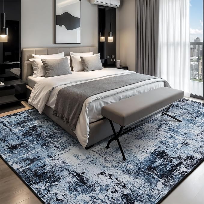 Rugflix 10x12 Area Rugs for Living Room, Washable Navy Blue Dark Large Rug | Machine Washable; Stain-Resistant; Low Pile; Non-Slip; Modern Abstract; Black Carpet for Bedroom Dining Office Nursery Home