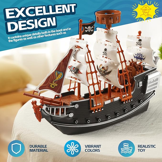 Pirate Action Figures Boat Playset Pirate Pretend Toys Pirate Ship with 6 Action Figures & Tree, Play Toy for Kids, Educational Learning Toys with Figurines,Trees and Boat- Gifts for Boys and Girls