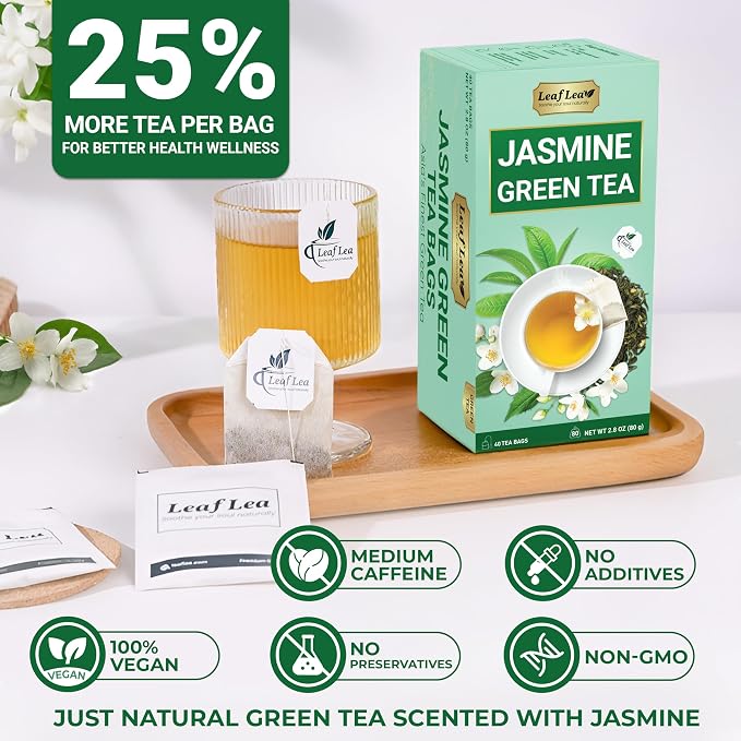 LeafLea Jasmine Green Tea Bags, Naturally Jasmine-Scented, 40 Count | Smooth Green Tea With Soft Jasmine Aroma, No Petals Inside, Sugar-Free, Vegan, 40 Individually Foil-Wrapped Bags