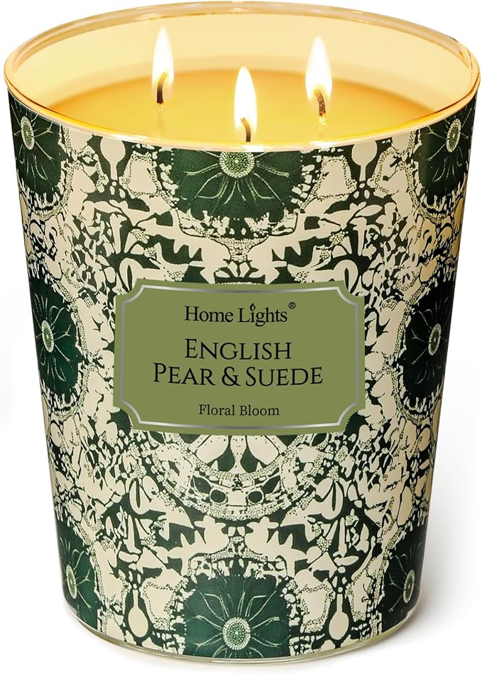 HomeLights Soy Wax Candles for Home Scented, 3-Wick Candles in English Pear & Suede Scented, Bohemian Natural Textures Aromatherapy Candles Gift for Parties, Relaxing, 34oz