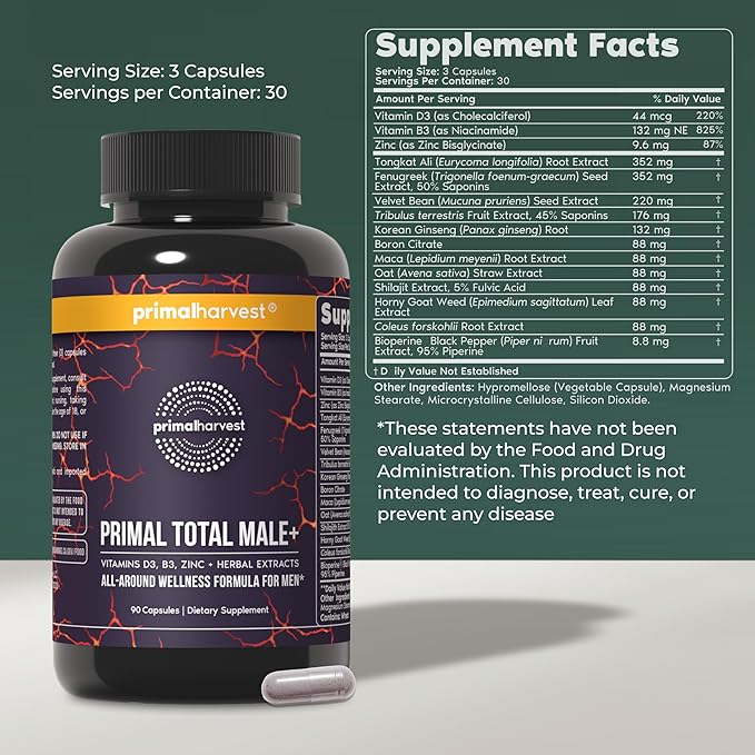 Primal Harvest Total Male+ Multivitamin for Men with Essential Vitamins, Minerals and Herbal Support for Energy, Vitality, Immune Health and Performance