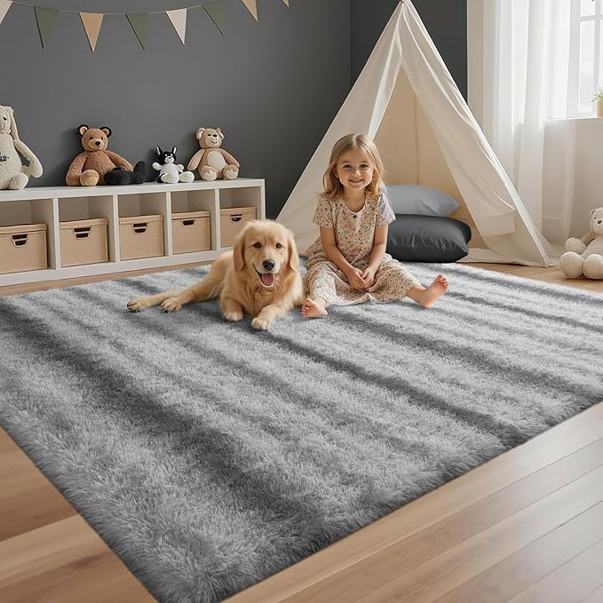 4x6 Feet Area Rugs for Bedroom,Grey and White Plush Fluffy Shaggy Living Room Rugs Non-Slip, Ultra Soft Carpet for Nursery Kids PlayRoom Dorm Office Indoor