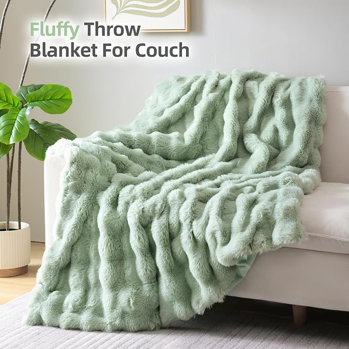 Faux Rabbit Fur Throw for Couch - Sage Green Bubble Blanket 50"x60" | Fluffy Plush Fuzzy Throw for Sofa & Bed, Super Soft Cozy Comfrt Blanket, Luxury Aesthetic Sage Green Decor Gift for Women