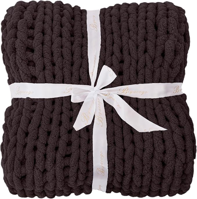 Bigacogo Chunky Knit Throw Blanket for Couch, 51x63 inches, Chocolate | Hand Knit with Jumbo Chenille, Soft Breathable Cable Knit for Sofa Bed Living Room, Machine Washable, Gift for Mom Friend