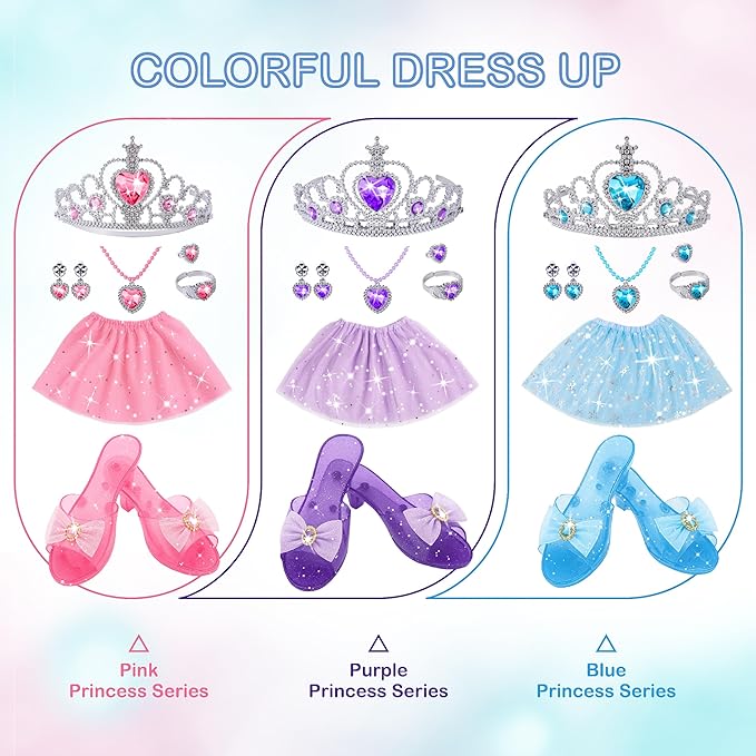 Princess Dress Up Toys, Includes Colorful Skirt, Crown, Shoes, Accessories, Suitable for Girls 3-6 Toddler Role Play Gifts Birthday Party Favors