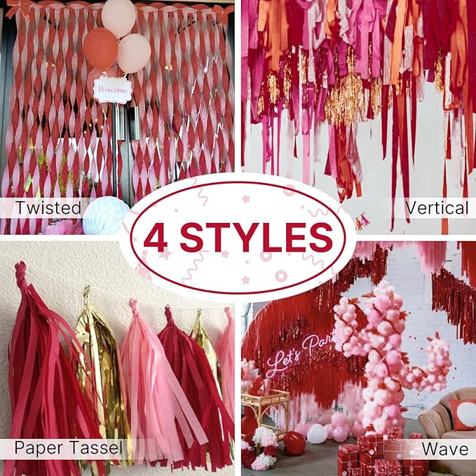 PartyWoo Pink and Red Crepe Paper Streamers 6 Rolls 492 ft Pack of Hot and Red Crepe Paper for Baby Shower Valentine's Day Bachelorette Birthday Party Decorations (1.8 Inch x 82 Ft/Roll)