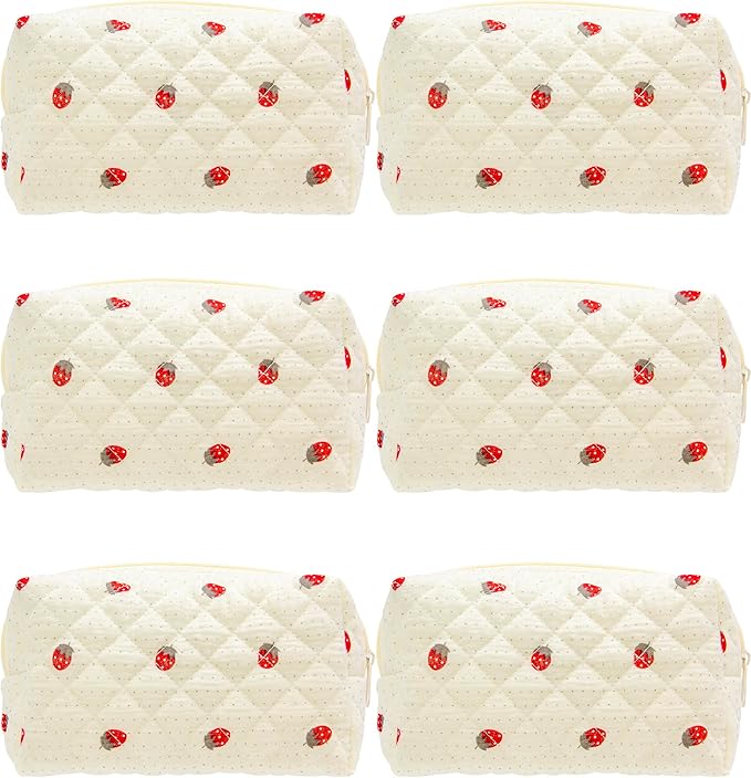 Small Quilted Makeup Bag,Zipper Cosmetic Pouch,Gauze Strawberry,6 Pack | Lightweight Cosmetic Bag Organizer for Women,Purse Storage Holds Makeup,Toiletries,Skincare,Beauty Essentials,Travel Items