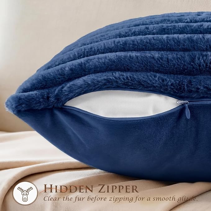 Pack of 2 Throw Pillow Covers 20x20 Decorative Solid Plush Faux Fur with Soft Velvet Back, Square Striped Cushion Cases Modern Farmhouse Home Decor for Living Room Couch Sofa Bed Navy Blue