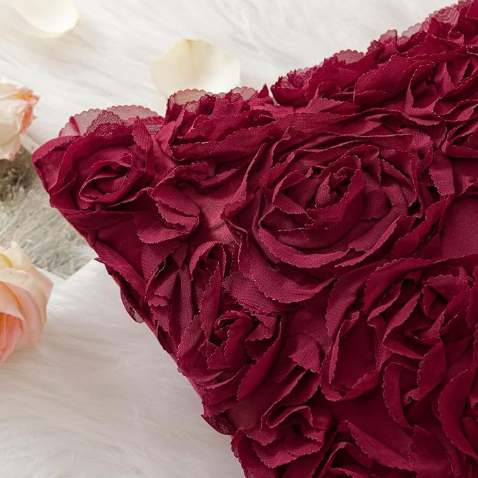 MIULEE Decorative Rose Flower Pillow Cover Pack of 1 Wine Red 12x20 Inch | Cute Romantic Stereo Chiffon Throw Pillow Cover Aesthetic Solid Pillowcase for Girl Coquette Room Decor Coach Bedroom