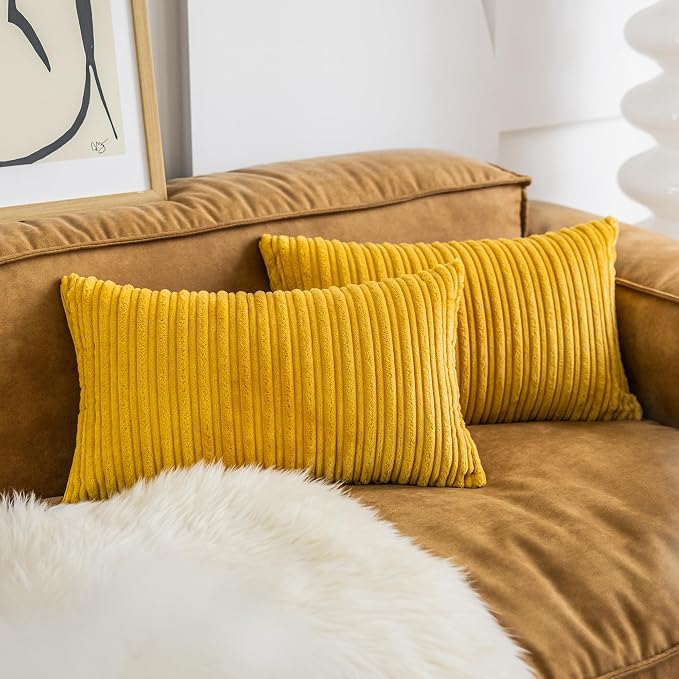 UGASA Pack of 2, Velvet Pillow Covers Striped, Soft Textured Throw Cushion Case Set, Accent Corduroy Lumbar Pillowcases with Hidden Zipper for Home Decor Indoor Outdoor (12"x20", Primrose Yellow)
