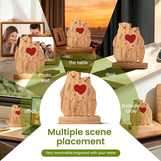 Personalized Wooden Bear Family Puzzle with 2-6 Names - Custom Heart Art Figurine for Mom Grandma Dad - Rustic Home Decor Statue Gift for Birthday Christmas Housewarming Anniversary