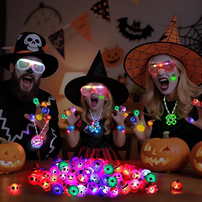 88 Pcs Halloween Party Favors, Halloween Toys Gifts for Kids, LED Rotating Necklaces Light Up Glasses Bracelets Led Rings Glow In The Dark Temporary Tattoos for Halloween Party Decorations Supplies