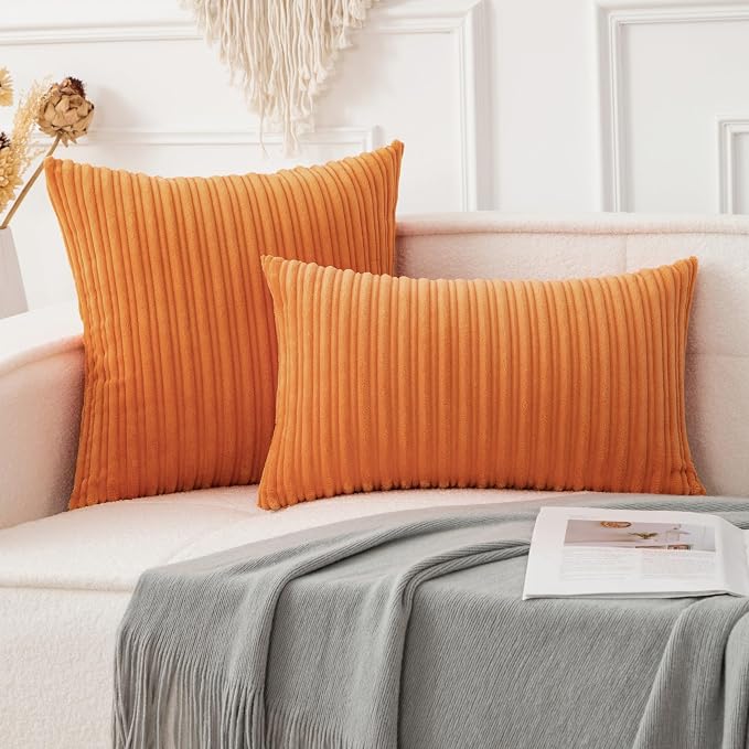 UGASA Fall Decorative Soft Velvet Stripe Pillow Covers Set of 2 Solid Corduroy Textured Euro Cushion Cases for Couch Bedroom Sofa Farmhouse, 24x24 Inch, Orange