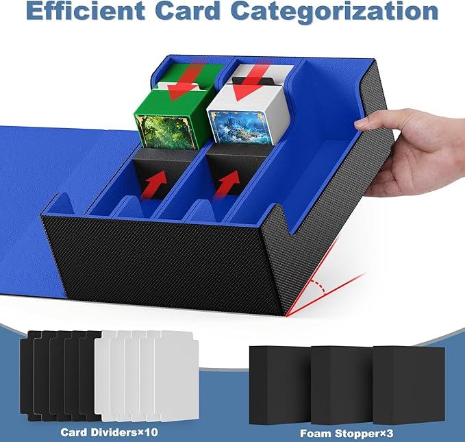 Mlikero Card Deck Case, 1800+ Trading Card Storage Box with 10 Dividers and 3 Foam Stoppers, Leather Magnetic Closure Commander Deck Box Fit for YuGiOh, MTG and Sport Cards(Black&Blue)