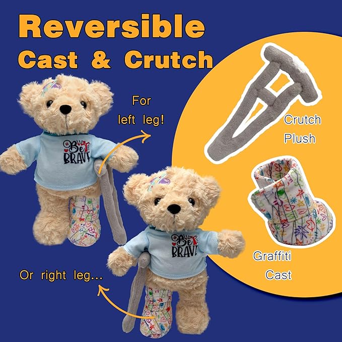 1PC Get Well Soon Broken Leg Teddy Bear - 11" Teddy Stuffed Animal with Switchable Magic Tape Cast & Crutch, Hospital Surgery Recovery Gift for Kids/Toddlers, Be Brave Pre-Printed Doodle Plush