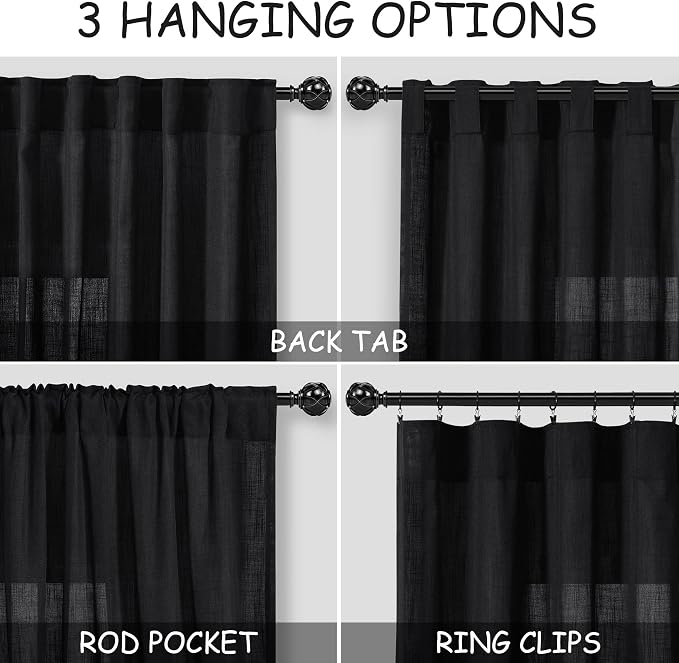 Black Linen Curtains 90 inches Long for Bedroom Back Tab Light Filtering Privacy Sheer Black Curtains Modern Farmhouse Coastal Decor Black Cotton Textured Gauze Curtain 2 Panel Set 38x90