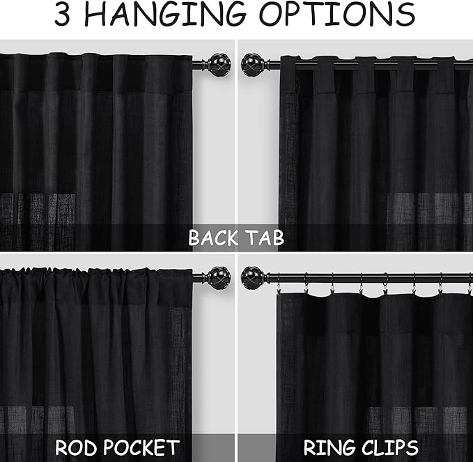 Black Semi Sheer Curtains 108 Inches Long 2 Panels Set Back Tab Loop Pocket Linen Blend Boho Large Window Drapes Extra Long Light Filtering Drapes High Ceiling Curtains for Living Room 40x108
