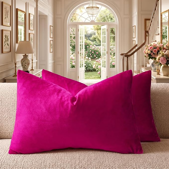 GIGIZAZA Hot Pink Velvet Pillow Covers 12x20 Decorative Pillows Pack of 2 | Lumbar Throw Pillows for Couch Sofa,280gsm Soft Textured Fabric,Modern Pillowcases,Luxury Cushion Covers