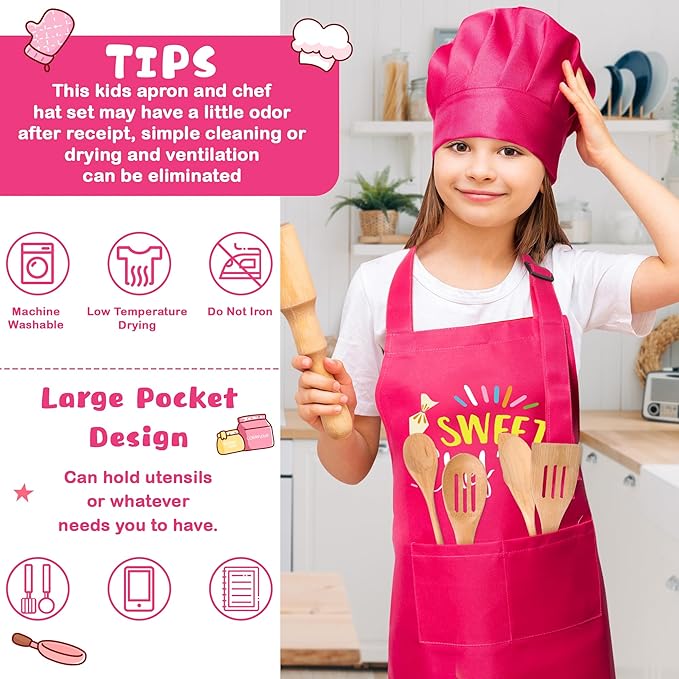 R HORSE 2Pcs Kid Apron and Chef Hat Set, Rose Red Adjustable Children Kitchen Toddler Apron for Girls, Dress up Role Play Chef Toy Funny Birthday Gift for Kids Cooking Baking Painting