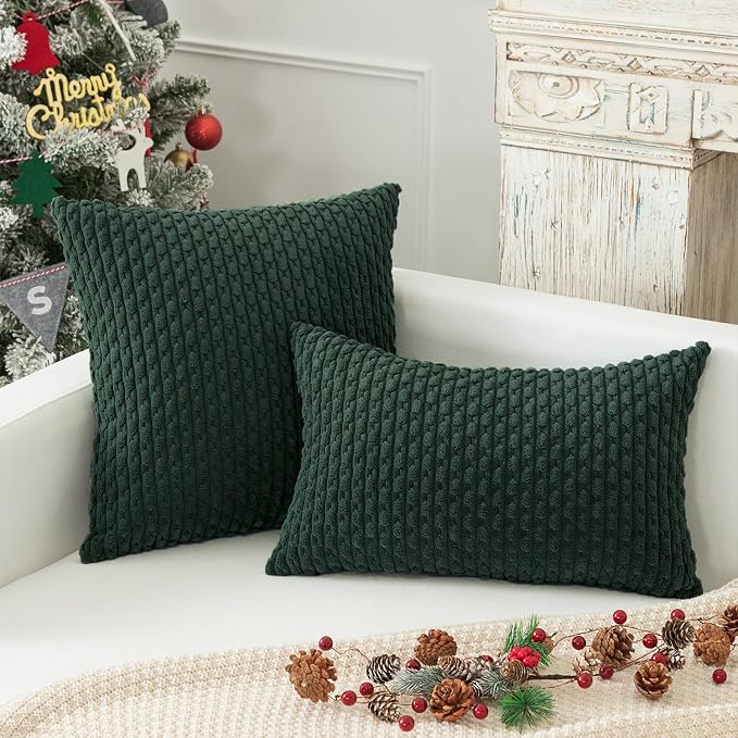 Kevin Textile Soft Corduroy 12"x20" Lumbar Pillow Cover 1 Pack, Army Green | Boho Stripe Plush Corduroy Decorative Oblong Cushion Cover Modern Farmhouse Home Decor for Sofa Couch Bed Chair