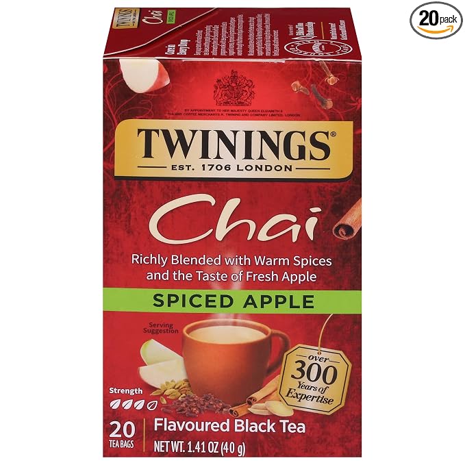 Twinings Spiced Apple Chai Black Tea Individually Wrapped Bags, 20 Count (Pack of 1), Sweet, Savoury Spices, Caffeinated, Enjoy Hot or Iced, 20 Teabags