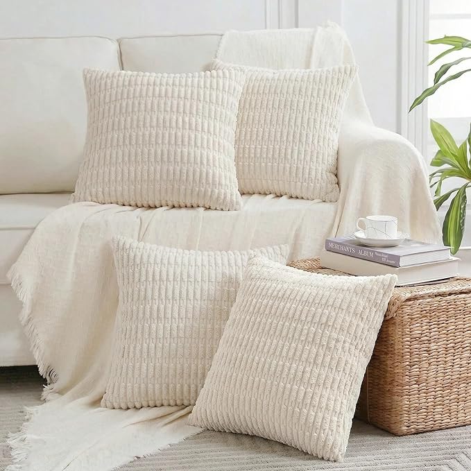 Fancy Homi 4 Packs Decorative Throw Pillow Covers for Living Room Couch Bed, Modern Farmhouse Boho Home Décor Accent Cushion Case, 18" x 18", Cream