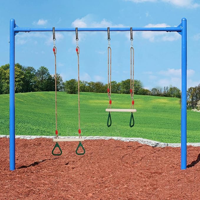 Trapeze Swing Bar with Rings, Wooden Trapeze Swing Bar with Plastic Gym Rings Adjustable Rope, Locking Straps, Outdoor Swing Set Playground Accessories for Kids (Green)
