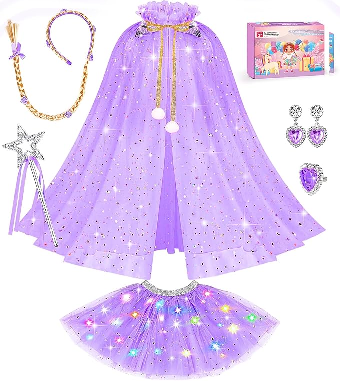 Light up Princess Dress up Clothes for Little Girl, Unicorn Princess Cape Princess Dresses Crown Toy for 3 4 5 6 Girls