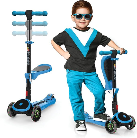 SKIDEE Kick Scooter for Kids Foldable 3 Wheel Scooter with Lean-to-Steer, Adjustable Height, Removable Seat & LED Light Wheels | Toddler Scooter Up to 12 Year Old Boys/Girls