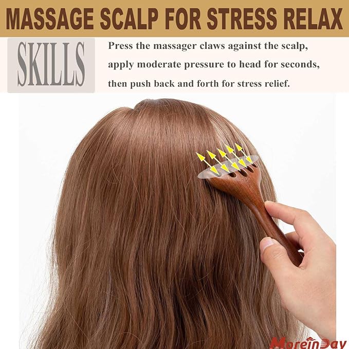 Head Massager Scalp, Wooden Scalp Massager, Foot Massage Tool | with storage pouch, natural Sandalwood, masajeador de cabeza, scalp massage for stress relax, foot massage for muscles relax