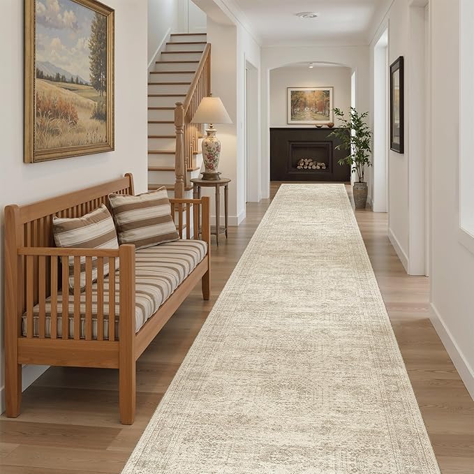 Soalmost Hallway Runner Rug 2'6" x 14' Washable Long Kitchen Rugs Beige | Non-Slip Vintage Runners 2.5x14ft for Bathroom Entryway, Thin Low-Pile Foldable 14 ft Floor Carpet Mat for Corridor Bedroom