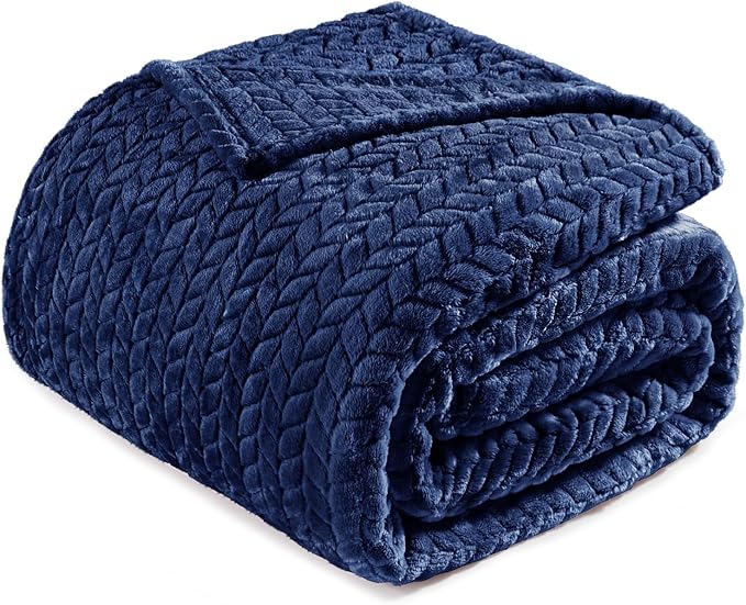 Exclusivo Mezcla Soft Fleece Bed Blanket Queen Size, 90”x90”, Navy Blue | Cozy Fluffy Lightweight Blankets for Summer, Decorative Plush Flannel Throws for Living room, Bedroom with Leaves Pattern